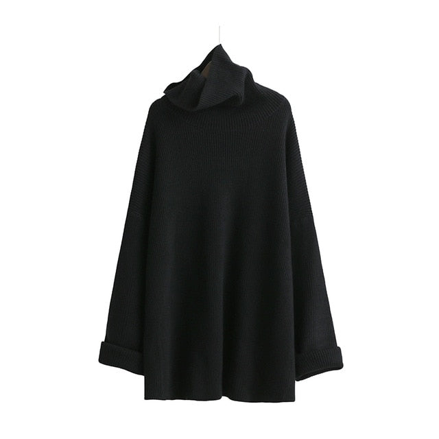 [EAM]2019 New Spring High Collar Long Sleeve Solid Coor Black Gary Loose Big Size Warm Knitting Sweater Women Fashion JA950