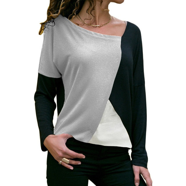 Casual Skew Collar Patchwork Shirt
