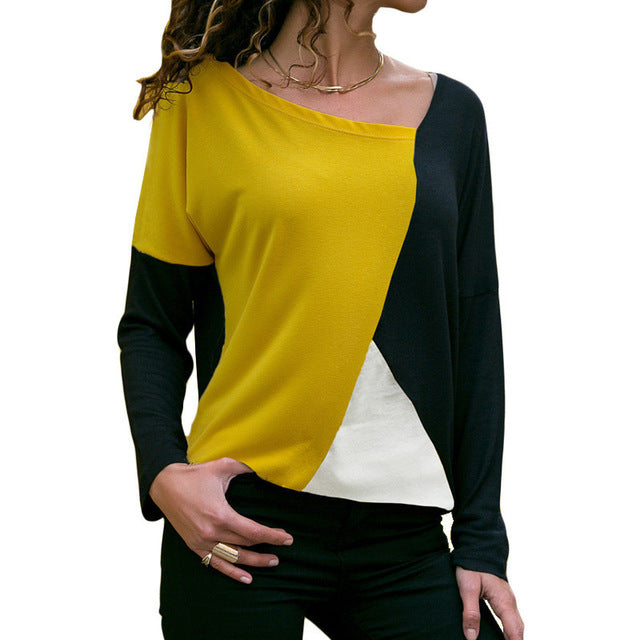 Casual Skew Collar Patchwork Shirt