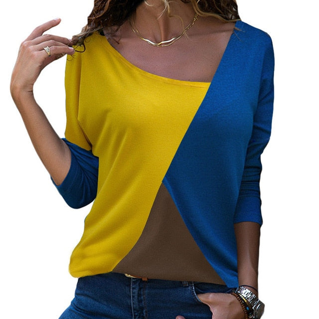 Casual Skew Collar Patchwork Shirt
